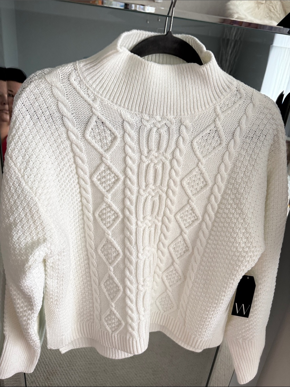 hite Cable-Knit Mock Neck Sweater